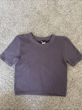 ZARA Short Sleeve Ribbed Crop Top - Dusty Lavender